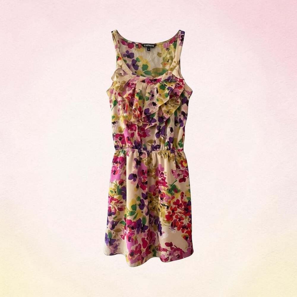 Express Sleeveless Floral Watercolor Print Ruffle Front Mini Dress